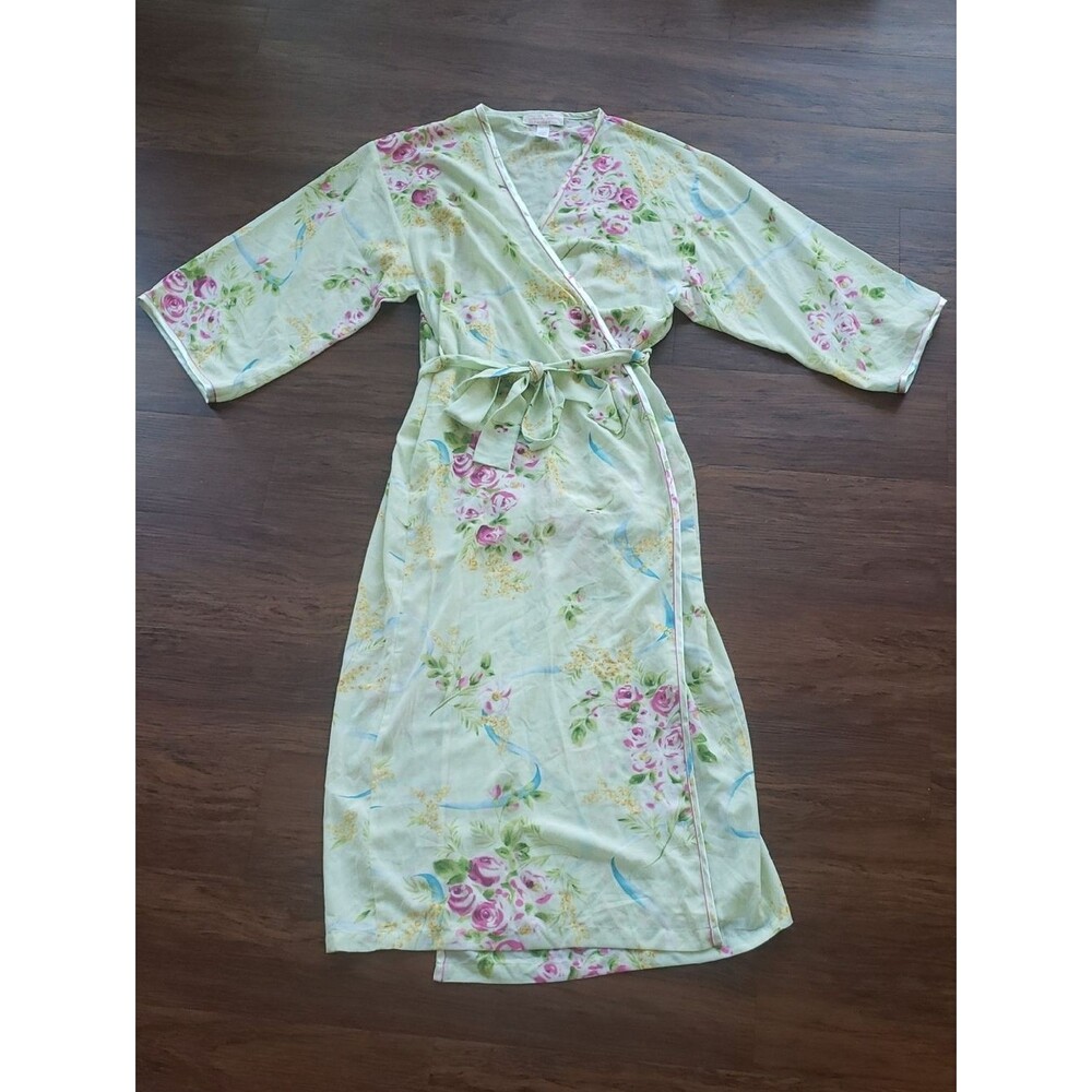 Oscar De La Renta Floral Wrap Robe Size L/XL Light Green Romantic Fairy Cottage